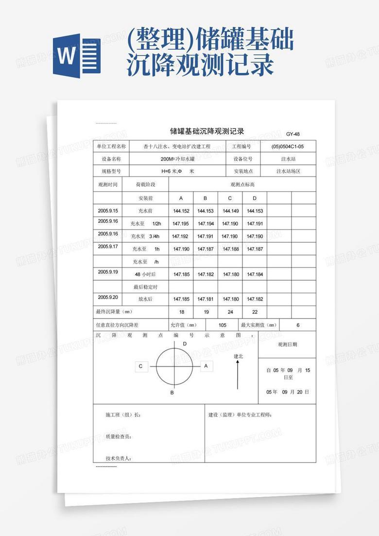 主机及配套料罐基础观测记录表